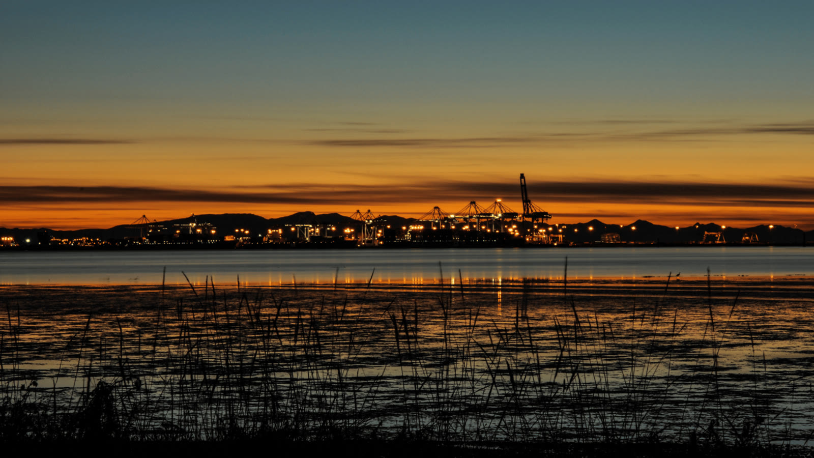 Sunset over an industrial port